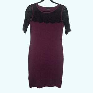 Ann Taylor Purple Fitted Bodycon dress with Black lace detail Women's Size XS